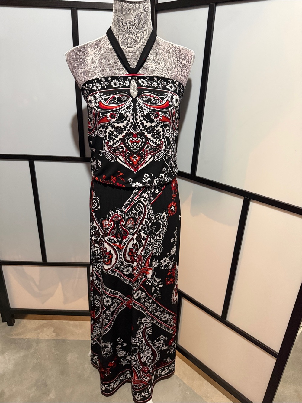 White House Black Market Black, Red and White Halter Paisley Maxi Dress